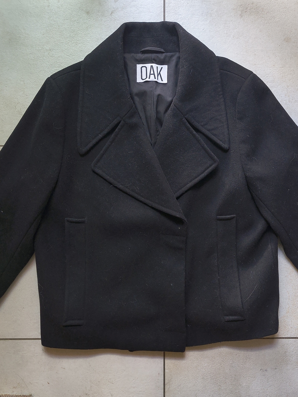 OAK Black Wool Blend Short Pea Coat with Wide Lapel Unisex